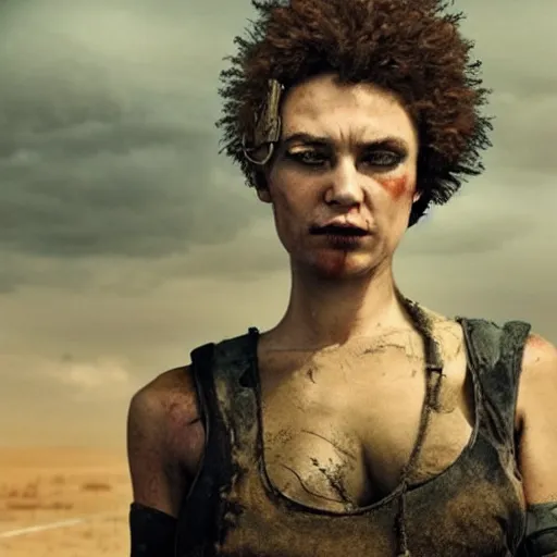 Image similar to mad - maxesque postapocalyptic woman with short curly hair