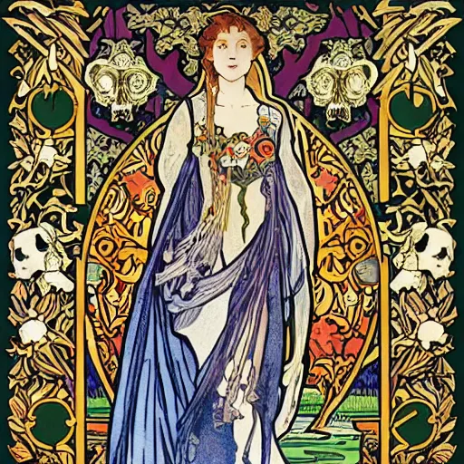 Prompt: tarot card the foolfull body portrait by william morris and alphonse mucha and stephen bliss, trending pixiv fanbox, gold inlay, skulls and roses, shiny, glow, raytracing dynamic light sources