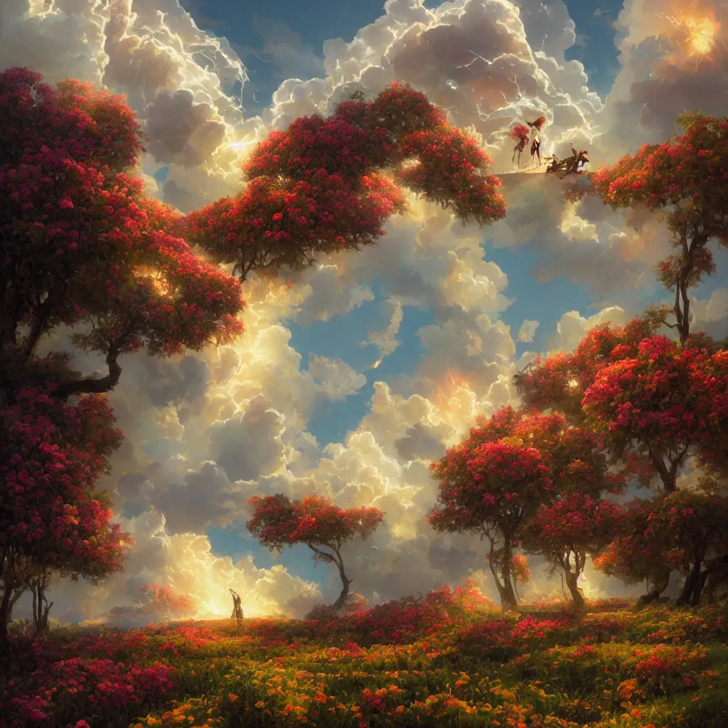 Prompt: a sending down [ of the revelation ] from him who created the earth and the lofty heavens, tornado of flowers, overdetailed art, by greg rutkowski, by rhads, sharp focus