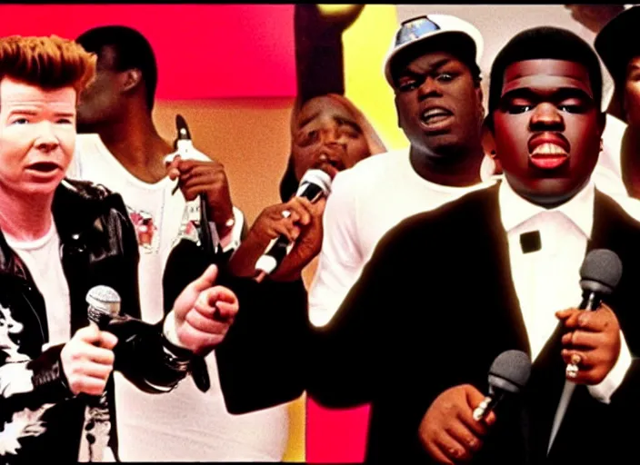 Prompt: Rick Astley in singing into a microphone, Tupac and Biggie Smalls in the background, 1980s MTV music video