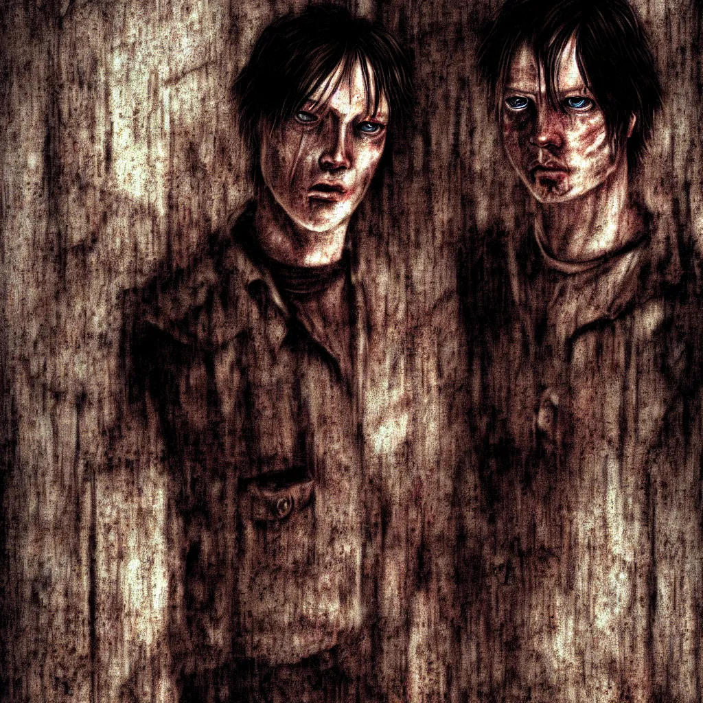 Prompt: A close-up portrait of James Sunderland from Silent Hill 2 in a dimly lit abandoned apartment, digital art, moody, art by Masahiro Ito