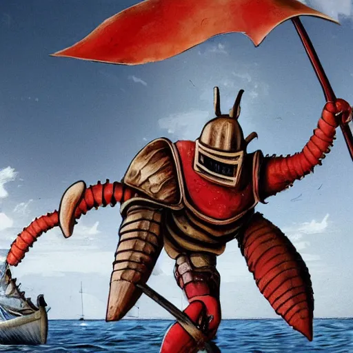 Prompt: a photo of the Lobster Knight walking onto an old run down sailship with a claw arm and a human arm holding a sword, 8k, hyper realistic,fine details, foreboding