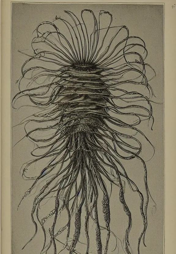 Prompt: historic scientific illustration of a species of jellyfish by ernst haeckel marry