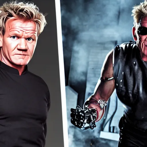 Image similar to gordon ramsay has the terminator cyborg and a movie still