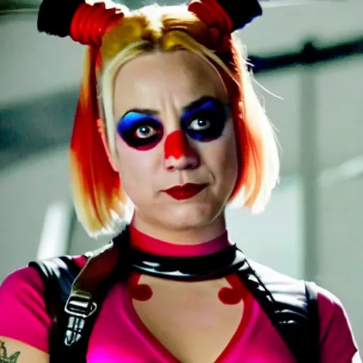 Image similar to A still of Kaley Cuoco as Harley Quinn