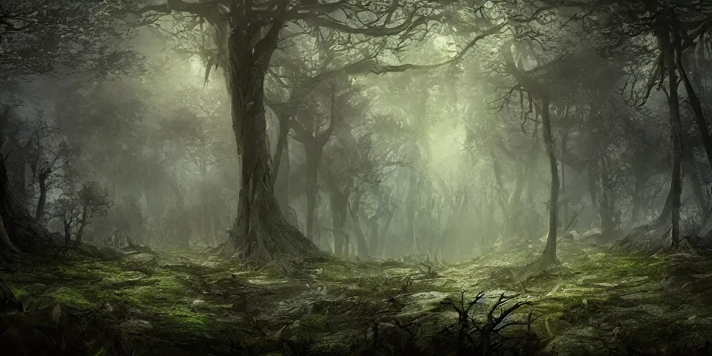 Image similar to beautiful matte painting of a fantasy dark forest