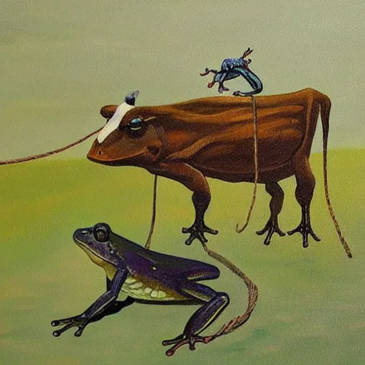 Prompt: a beautiful painting of singular frog graze a cow on a rope, trending on artstation