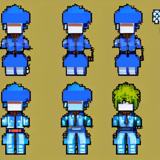 Prompt: blue wizard character sprite sheet, jrpg, pixel art