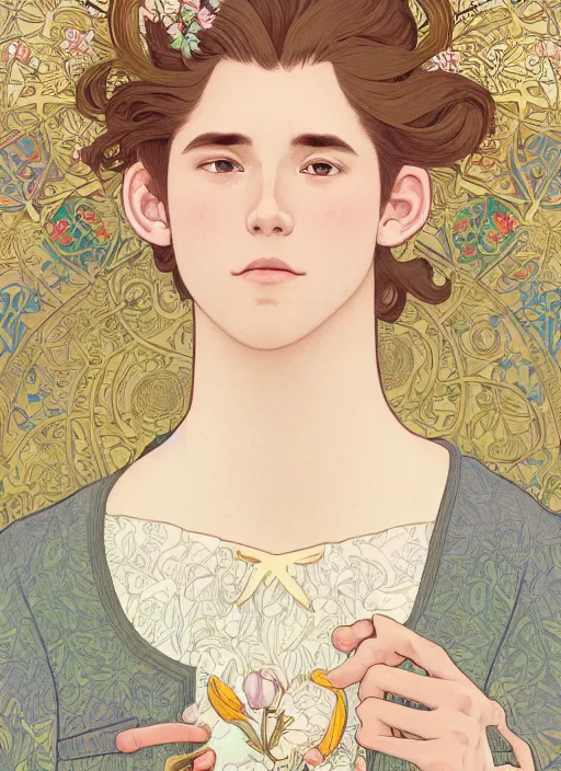 Image similar to book cover, pretty young man with shoulder length blond hair, male, half body shot, flower pattern background, path traced, highly detailed, high quality, digital painting, by studio ghibli and alphonse mucha, leesha hannigan, hidari, art nouveau, chiho aoshima, jules bastien - lepage