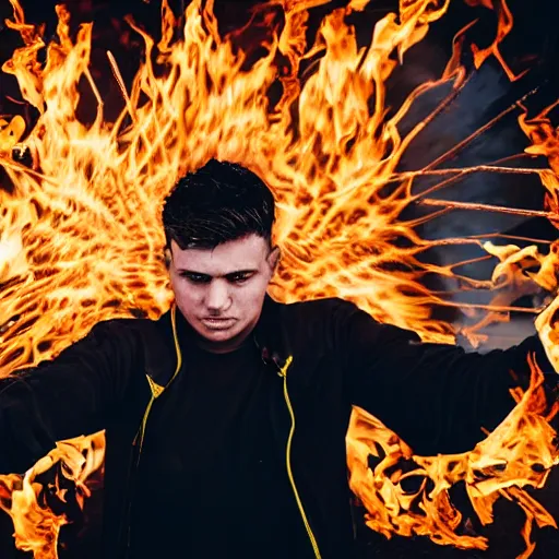 Prompt: photo of a man with flaming black wings and shooting fire out of his hands