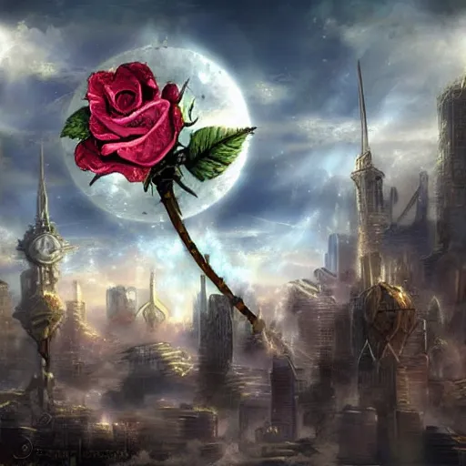 Prompt: rose - shaped city, sky, fantasy art, steampunk