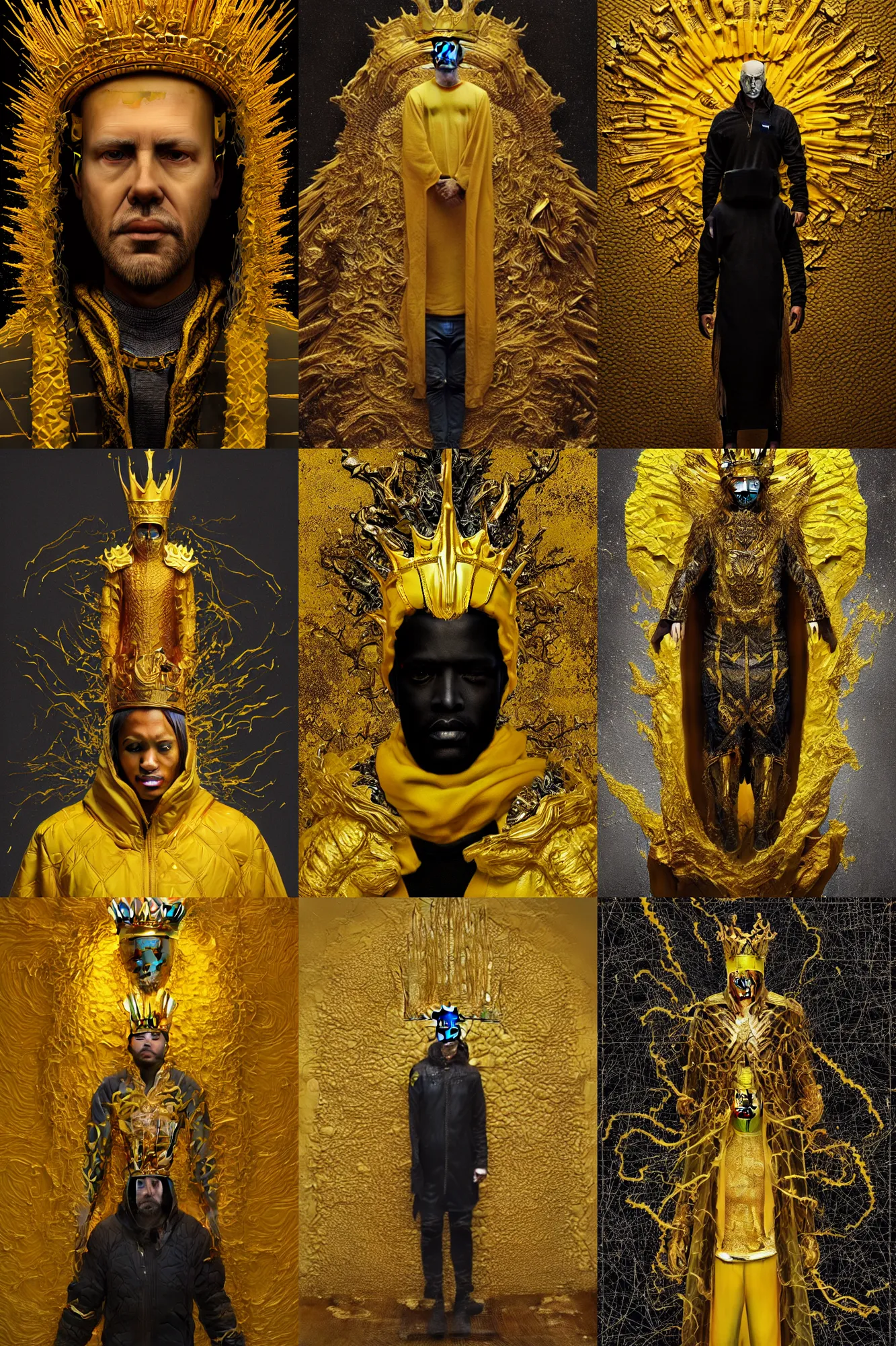 Prompt: A full body portrait of a majestic king with a very long yellow cloak, a golden crown floating above his head tiled flooring around him art by Maciej Kuciara, Lee Griggs and Jason Chan, ominous, cosmic royalty, trending on artstation, Ultra detailed, hyper realistic 4k