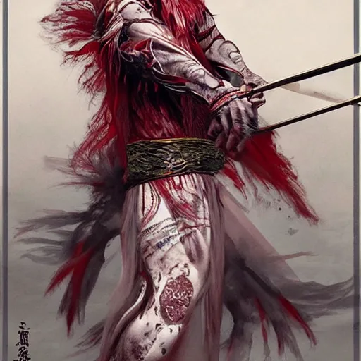 Image similar to an epic portrait of insane kabuki male wielding a spear and doing the nirami covered in a magical mist of insanity, intricate hakama, poofy red wig, eerie, highly detailed, dark fantasy, art by artgerm and greg rutkowski