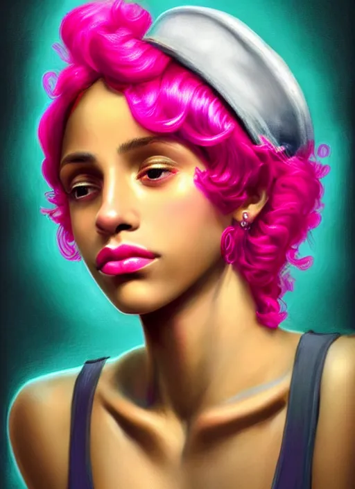 Image similar to portrait of teenage vanessa morgan with bright pink hair, black girl, curly pixie cut hair, wearing newsboy cap, pink short haircut, newsboy cap, hoop earrings, blue eyes, intricate, elegant, glowing lights, highly detailed, digital painting, artstation, concept art, smooth, sharp focus, illustration, art by wlop, mars ravelo and greg rutkowski