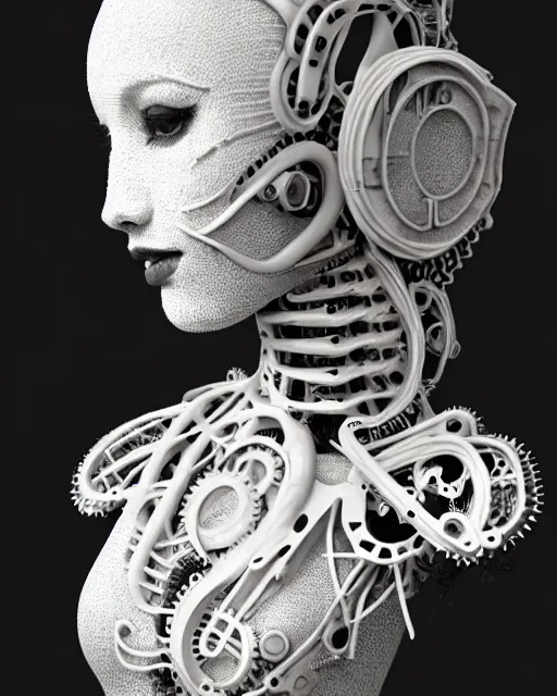 Image similar to black and white dreamy foggy profile face portrait, one steampunk cat eye biomechanical beautiful young female cyclope - cyborg - robot bust, body ribs meshes,, volumetric light, hibiscus flowers, by hg giger, rim light, by dora maar and cecile beaton, big gothic fashion pearl embroidered collar, 8 k