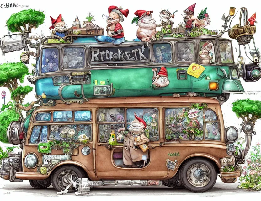 Image similar to cute and funny, a garden gnome driving a steampunk bus, a cat on the roof holding on, ratfink style by ed roth, centered award winning watercolor pen illustration, isometric illustration by chihiro iwasaki, edited by range murata, tiny details by artgerm and watercolor girl, sharply focused