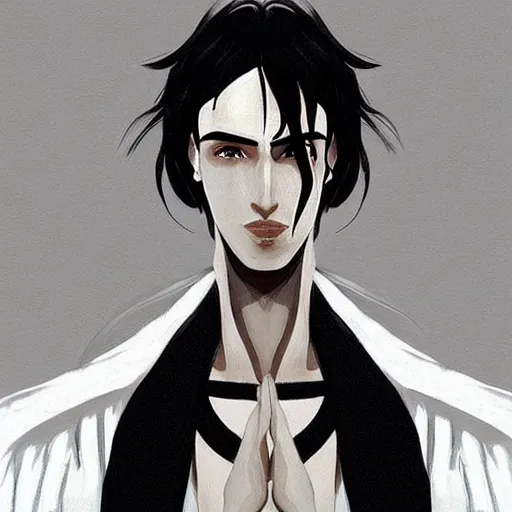 Prompt: “ a tall skinny man with messy black hair, white skin, and fully black eyes, wearing a long black robe, holding one finger to his lips high definition artwork trending on artstation ”