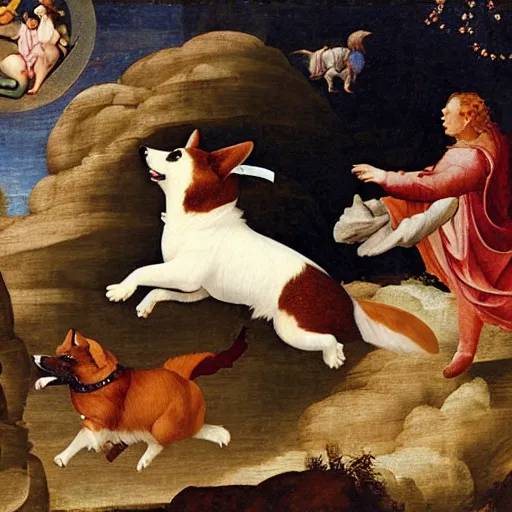 Prompt: happy corgi dog flying through cosmos, renaissance art style - n 9