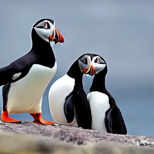 Image similar to puffin cuddling penguin