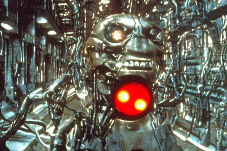 Image similar to Terminator Pikachu scene where his endoskeleton gets exposed and his eye glows red, still from the film by H. R. Giger in color