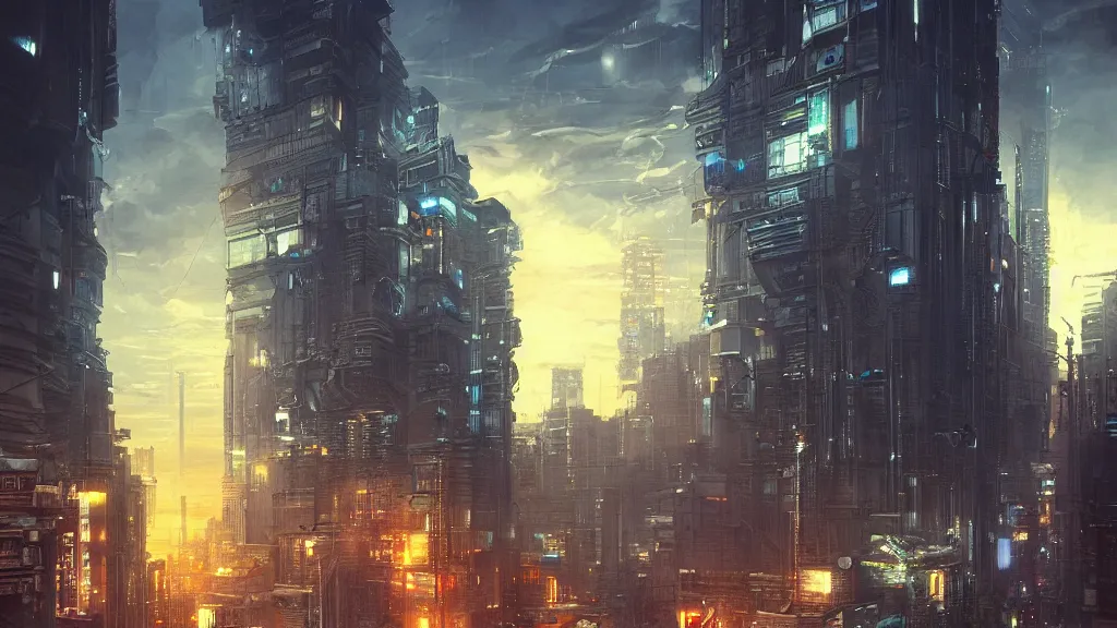 Image similar to prominent cyberpunk building, empty streets, streets-level, skyscapers, buildings, clouds, sunset, painted by seb mckinnon, high detail, digital art, trending on artstation