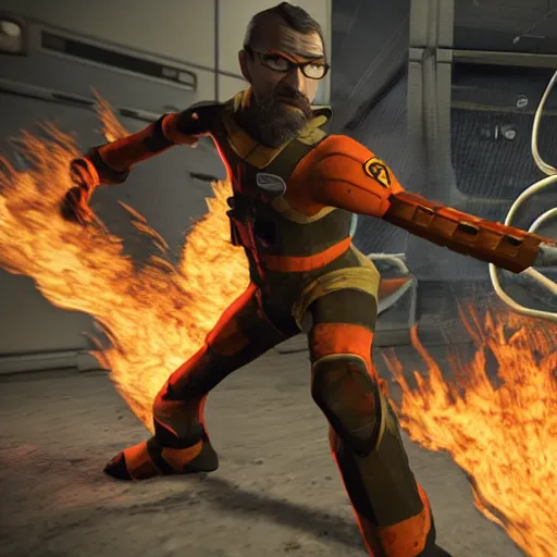 Prompt: gordon freeman ignites the flames of resistance against combines, half-life, photorealistic