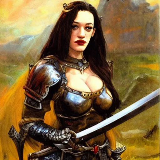 Image similar to portrait of kat dennings wearing armor and holding sword by frank fazetta, fantasy, barbarian