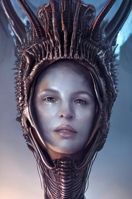 Image similar to alien xenomorph queen, close - up portrait, crown of bones, intricate, elegant, volumetric lighting, scenery, digital painting, highly detailed, artstation, sharp focus, illustration, concept art, luis rollo, ruan jia, steve mccurry