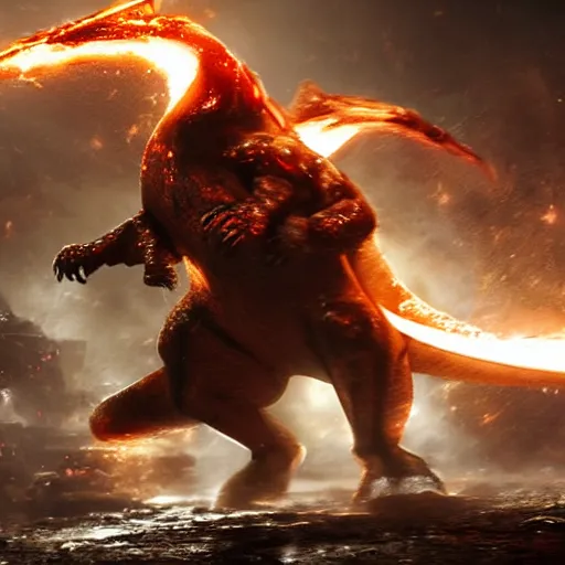 Image similar to Charizard in gears of war, splash art, movie still, detailed face, photorealistic facial features, cinematic lighting, dramatic, octane render, long lens, shallow depth of field, bokeh, anamorphic lens flare, 8k, hyper detailed, 35mm film grain