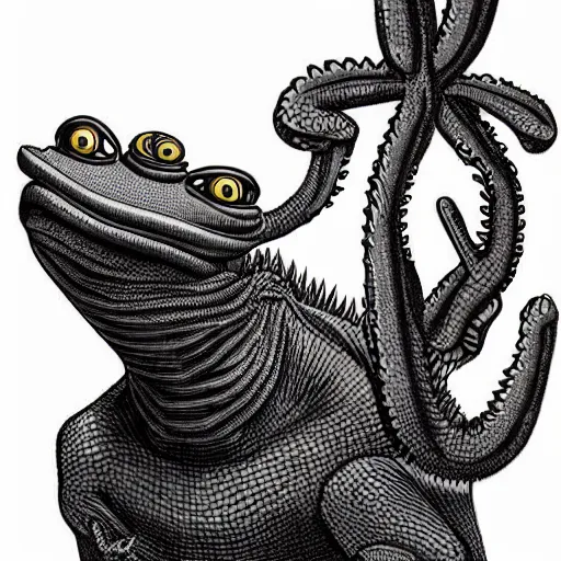 Image similar to lizard flamingo hybrid, muppet punk, basil wolverton style, hr giger style, disney style