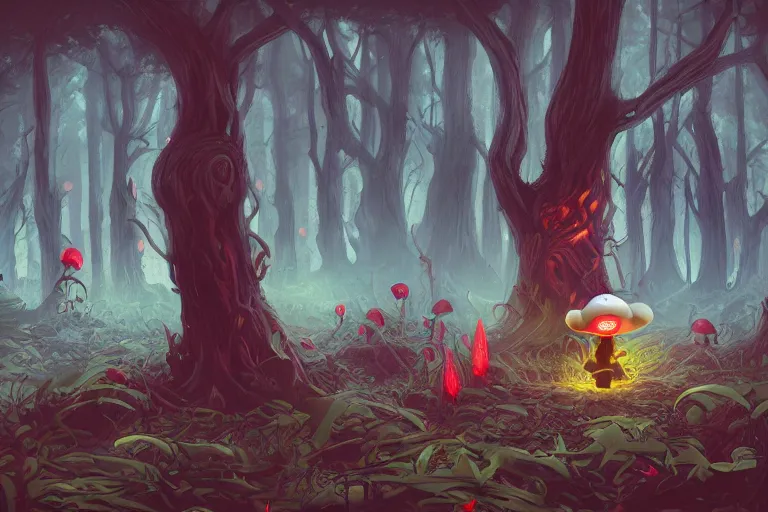 Prompt: mushroom lord in a dark forest, trending on artstation, digital art