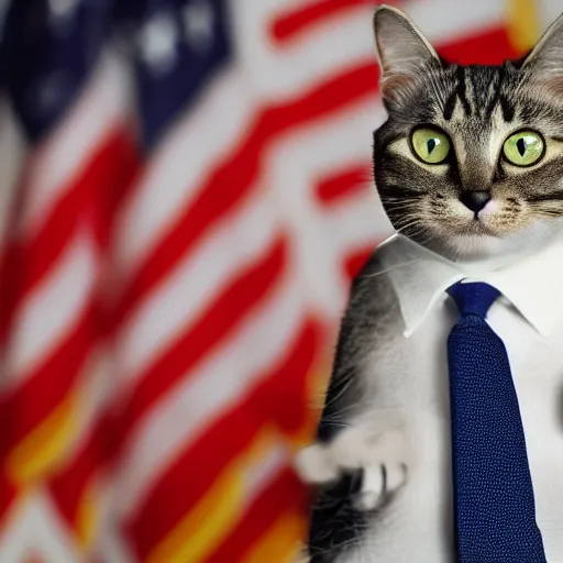 Image similar to a cat as the president of the united states giving a speech and wearing a suit in front of the american flag