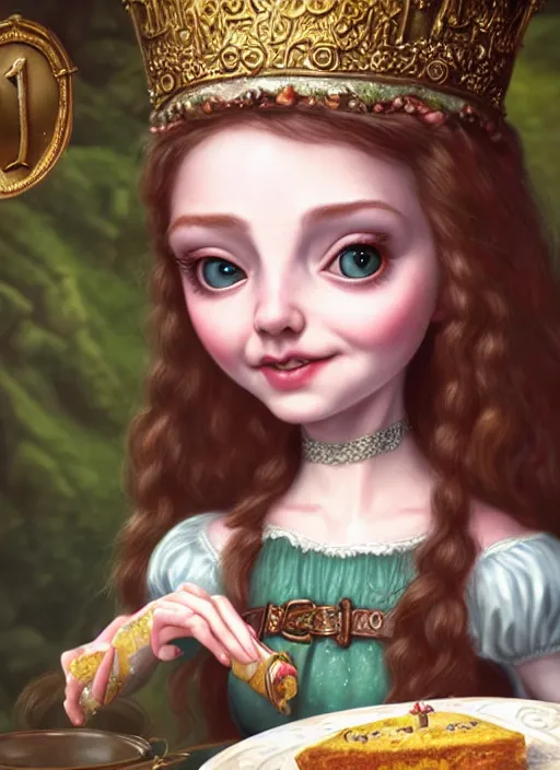 Image similar to highly detailed closeup portrait of a grinning irish fairytale medieval princess eating birthday cake, unreal engine, nicoletta ceccoli, mark ryden, lostfish, earl norem, global illumination, god rays, detailed and intricate environment