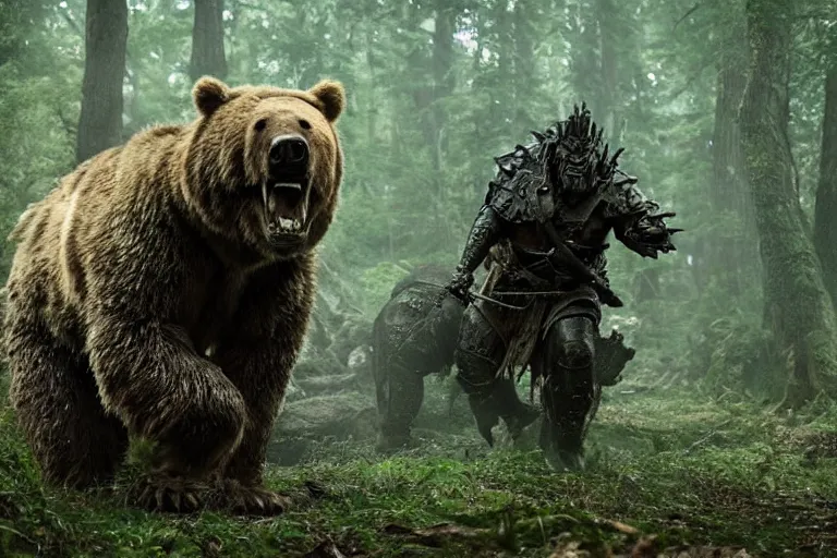 Image similar to vfx movie closeup detailed ancient armored warrior orc hunting riding large bear in the forest, natural lighting by emmanuel lubezki