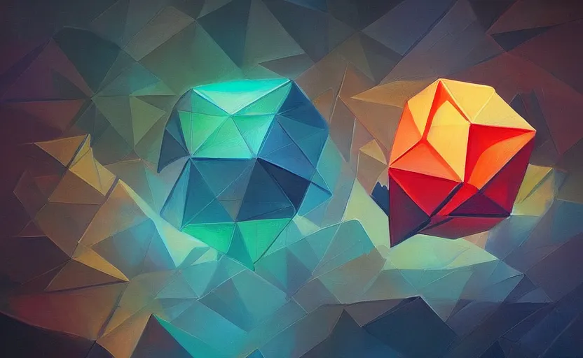 Image similar to a painting of a sierpinski icosahedron trending on artstation in the style of greg rutkowski, 3 d, fractal, 4 d, endless, rainbow, geometric tesseract, symmetry