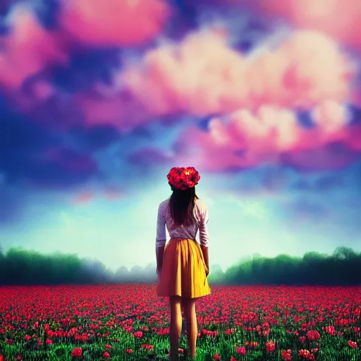 Image similar to woman with a rose flower face standing in flower field, surreal photography, sunrise, colorful clouds, artstation, simon stalenhag