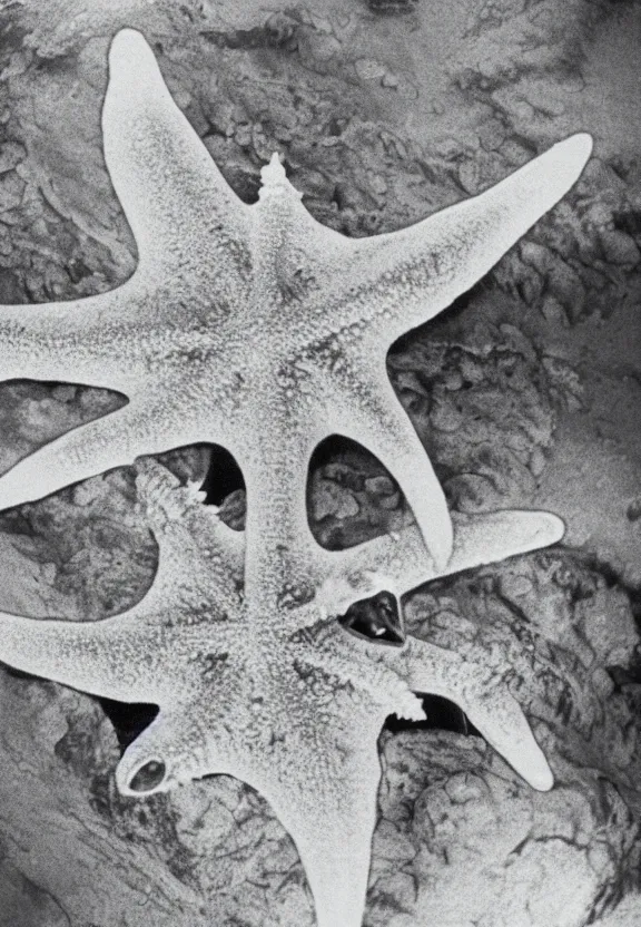 Image similar to North korean starfish monster, kaiju-eiga, thriller, monochrome, film grain, flare, backlit