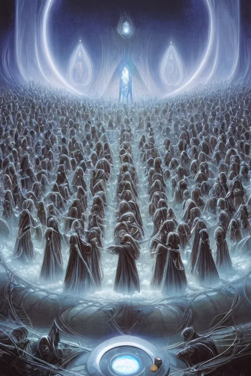 Image similar to a quantum computer surrounded by a dark cabal of hooded elven mystics with long robes gathered in a circular formation, michael whelan, dan seagrave, boris vallejo
