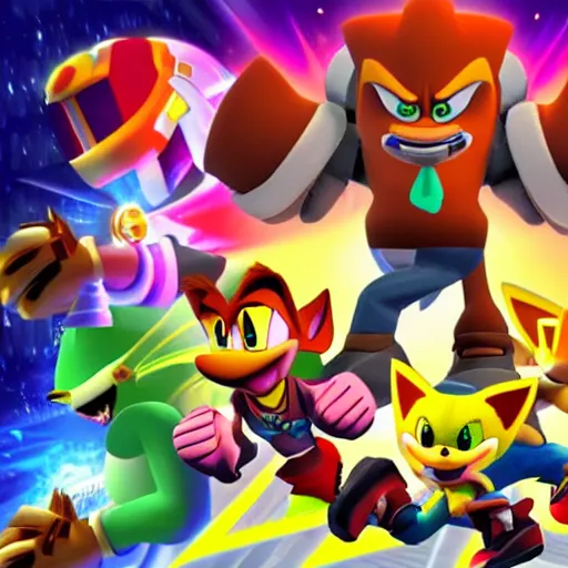 Image similar to crash bandicoot bros kirby super star ultra sonic the hedgehog gta style ratchet and clank