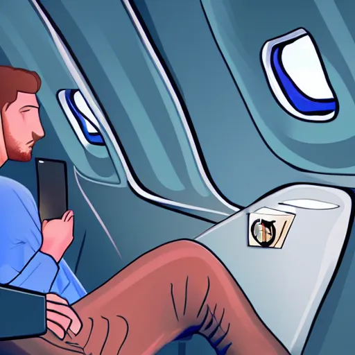 Prompt: a man has to sit in a delayed airplane while his friends enojy a climbing award - winning digital artwork