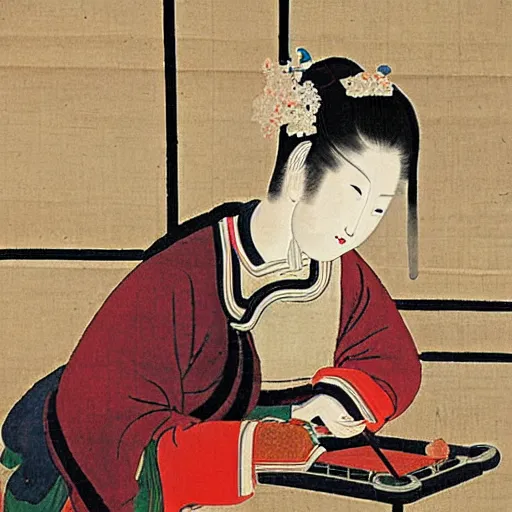 Prompt: the Chinese ancient painting of a lady playing table computer in Tang Dynasty , by Han Xizai