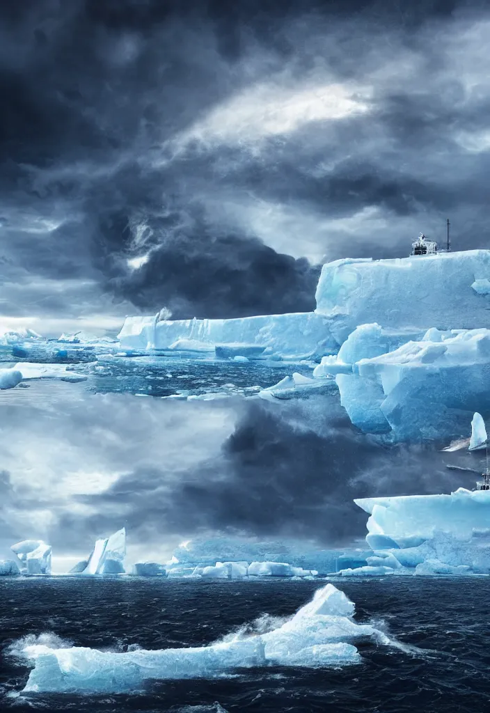 Image similar to ship being persecuted by a police ship over raging turbulent waters in antartica, icebergs in the background, hyper realistic, highly detailed, digital art, apocalyptic, intimidating lighting, raytracing, sharp focus, smooth, romanticism