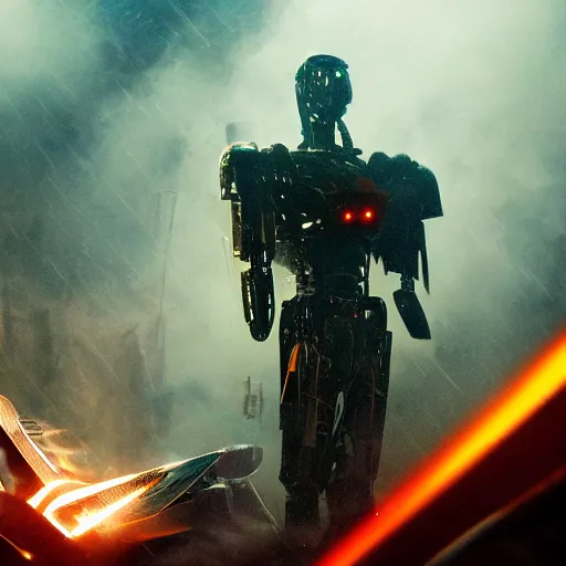 Image similar to closeup of mecha with surface of knives and forks, dark messy smoke - filled cluttered workshop, dark, dramatic lighting, orange tint, cinematic, highly detailed, sci - fi, futuristic, movie still from blade runner