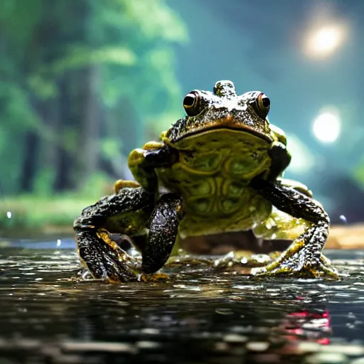 Prompt: amphibious toad mech stepping out of a pond with a lazer rifle dripping water. film still. brightly lit scene. this 4 k hd image is trending on artstation, featured on behance, well rendered, extra crisp, features intricate detail, epic composition and the style of unreal engine, national geographic, bandai box art.