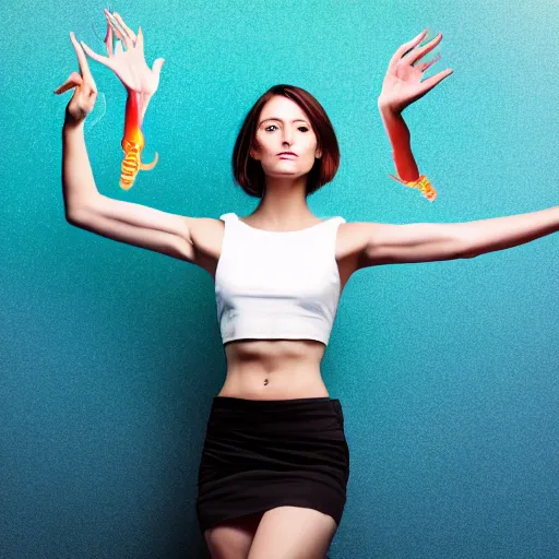 Prompt: striking digital photo of a beautiful four arms female model with an extra pair of arms and four hands. beautiful half - length portrait, cool background, photorealistic, surreal physiology