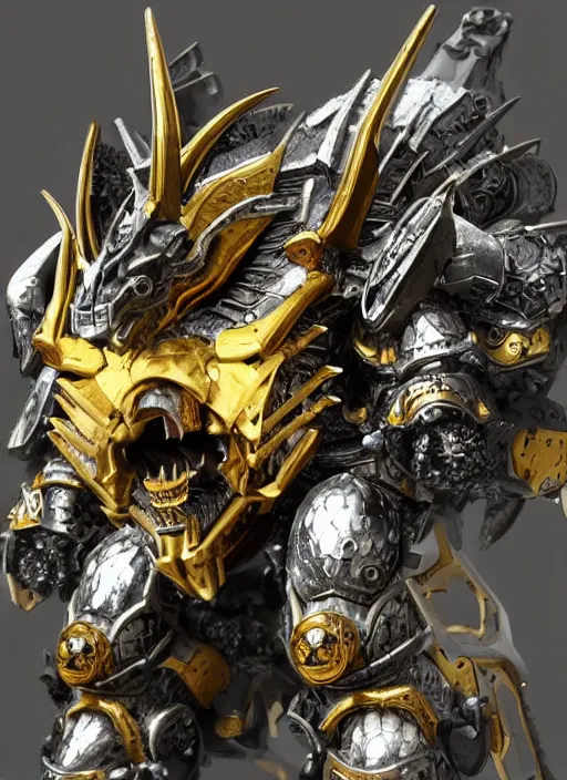 Prompt: hyper realistic glorious ancient wargreymon in a obsidian metal armor, futuristic design, designed by makoto kobayashi and luca zampriolo, portrait, cyberpunk style, wood and gold details, intricate, extremely detailed, ornate, deep of field, hard surface, exoskeleton, substance designer metal unreal engine, symmetrically, very detailed.