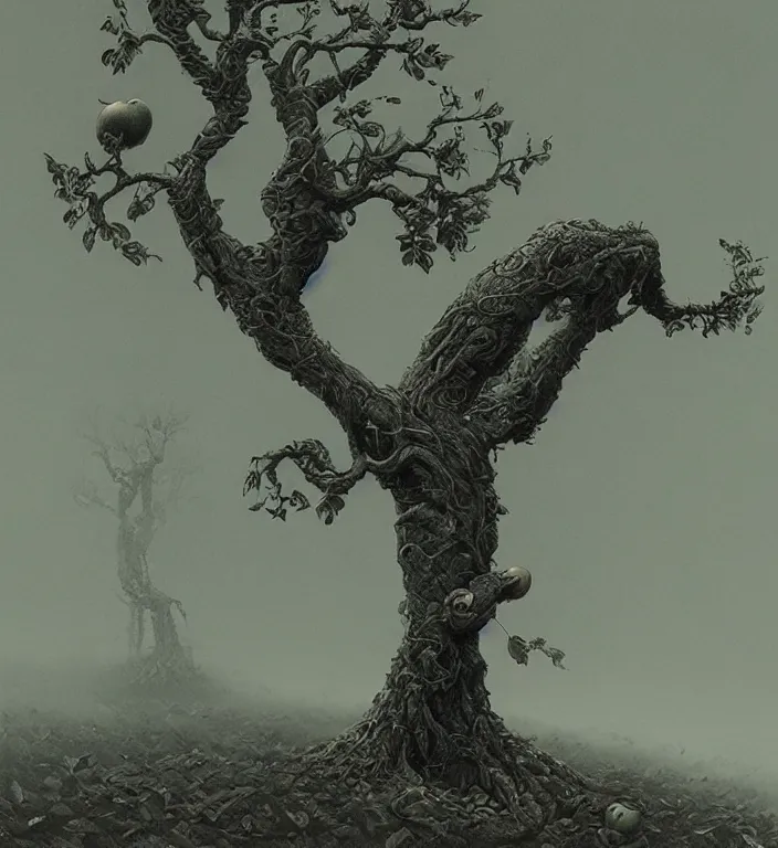 Image similar to anthropomorphic female apple tree, trending on artstation art by zdzislaw beksinski, highly detailed, cg society contest winner