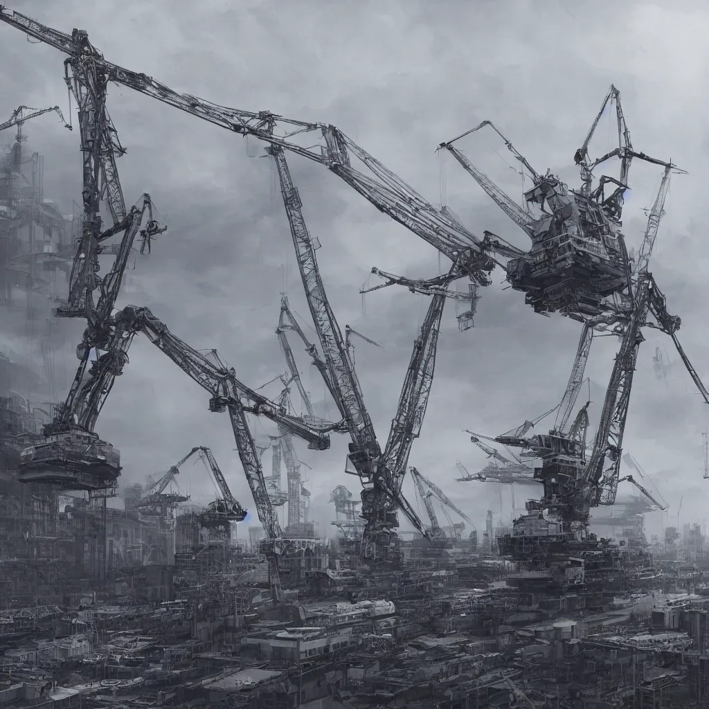 Prompt: giant mecha being constructed in Japan, overcast, fog, atmospheric, cranes, industrial, military, ground crew, photorealistic, concept art