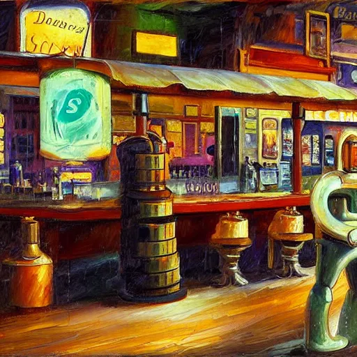 Prompt: Donuts on display at a USA western saloon in the 1800s, robot barkeep, in a cyberpunk style by Leonid Afremov, tranquil, busy but lonely, atmospheric, hazy, sweltering, autochrome, 8k, reflections