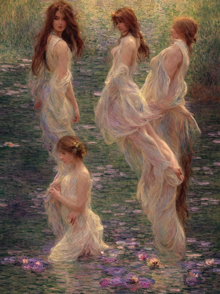 Prompt: illustration studio portrait of three beautiful seraphim female energy in artistic poses in a river in nature, monet painterly motives and textures pattern, hyper detailed, octane render, vivid colors, artstation, by jeremy mann, by alphonse mucha, by monet